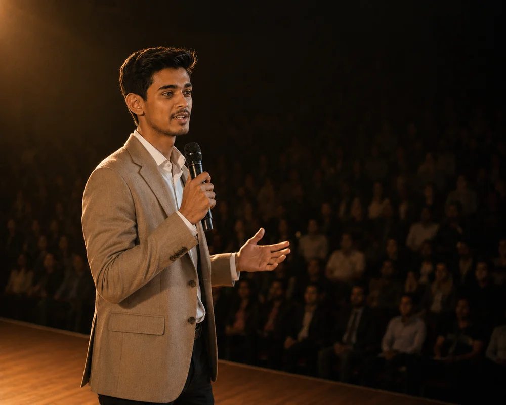 Hamzah speaking on stage to a live audience